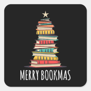 Bokar Julgran Merry Bookmas Fyrkantigt Klistermärke