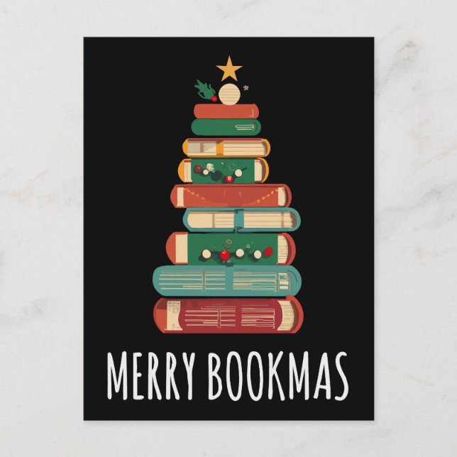Bokar Julgran Merry Bookmas Vykort (Framsida)