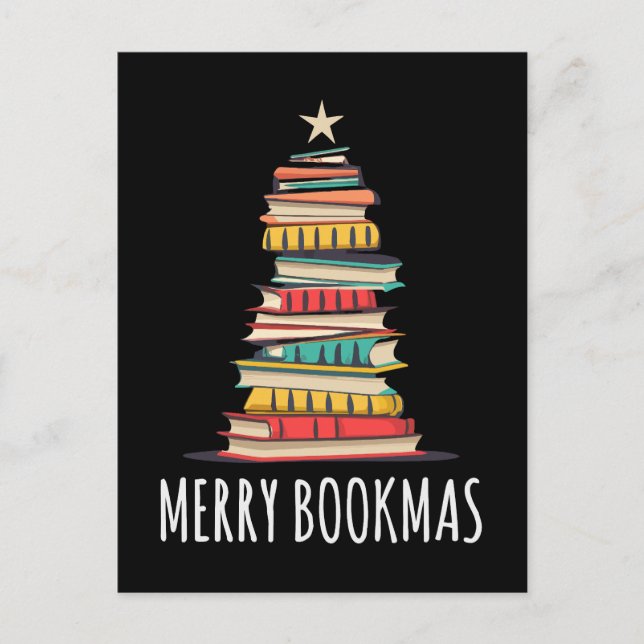 Bokar Julgran Merry Bookmas Vykort (Framsida)