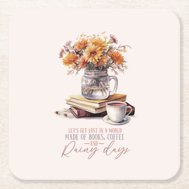 Bokar, kaffe och regndagar underlägg papper kvadrat (Framsidan)