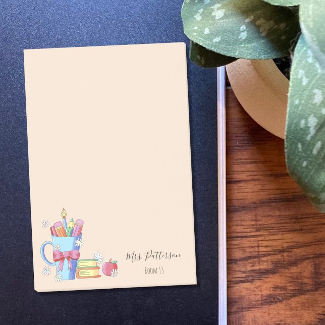 Bokar Lärare, pennor och pennor Post-it Block (Cute personalized sticky notes for teachers with white little flowers .)