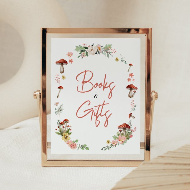 Bokar och gåvor av äkemedel av Wildblomma Poster (Enchanted Mushroom Baby Shower Books and Gifts Sign)