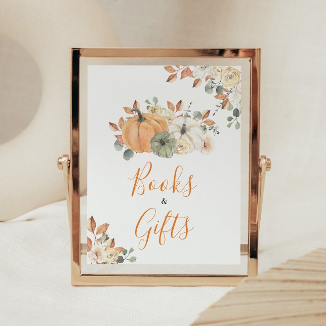 Bokar och gåvor för babykläder på hösten Blommigt  Poster (Autumn Pumpkin Baby Shower Books and Gifts Sign)