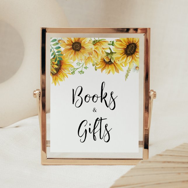 Bokar och gåvor för solrosbarn poster (Sunflower Girl Baby Shower Books and Gifts Sign)