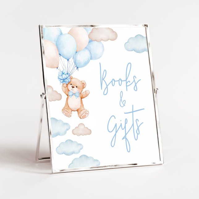 Bokar och gåvor från Blue Bear Balloon Baby Shower Poster (Blue Baby Bear Balloon Baby Shower Books and Gifts Sign)
