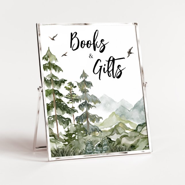 Bokar och gåvor från Forest Äventyr Baby Shower Poster (Boy Woodland Baby Shower Books and Gifts Sign)