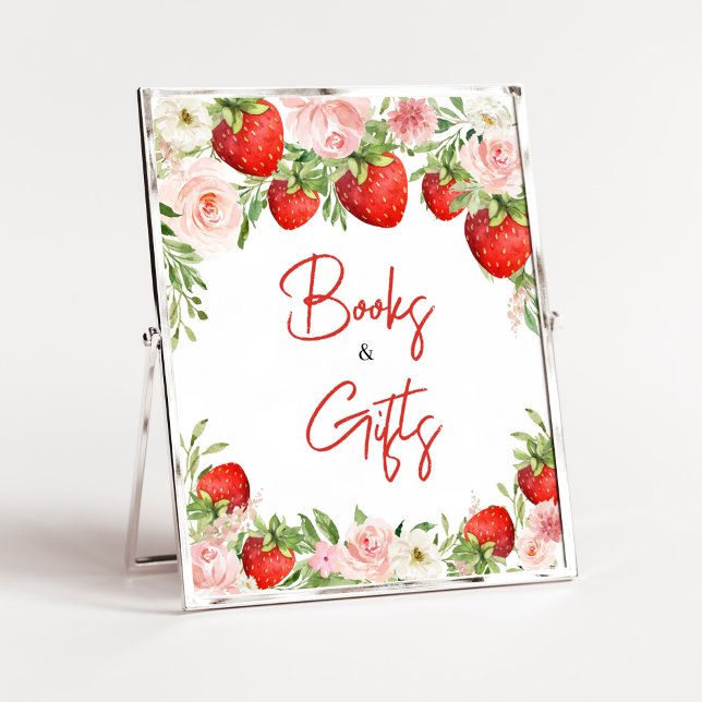 Bokar och gåvor från jordgubbsbabyskor poster (Pink Floral Strawberry Baby Shower Books and Gifts Sign)
