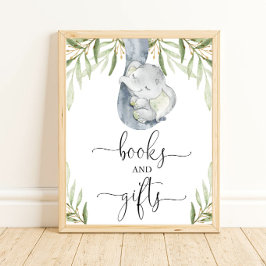 Bokar och gifts- och gifts-, elefantbabyduschskylt poster