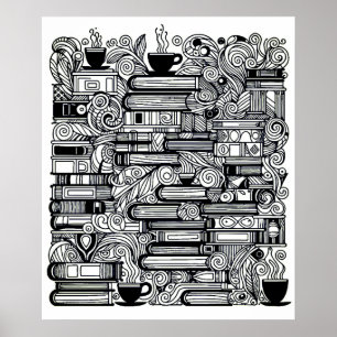 Bokar och kaffe Färg Me Doodle Poster