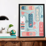 Bokar och läsning av Bokmärken som illustreras Poster<br><div class="desc">Lägg till en roligt vid bibliotek eller bok nookdekorn med den här poster som visar bokmärken i korallskuggor,  tealblått,  stearinblått och sage-grönt mot bakgrund av ljusmint grönt.</div>