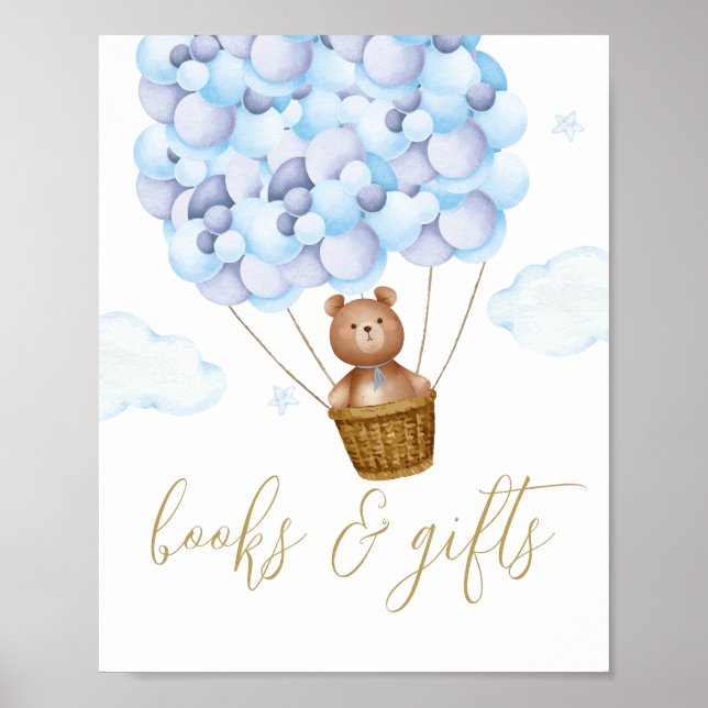 Bokar och presenterar Nalle Blue Baby Shower-skylt Poster (Framsidan)