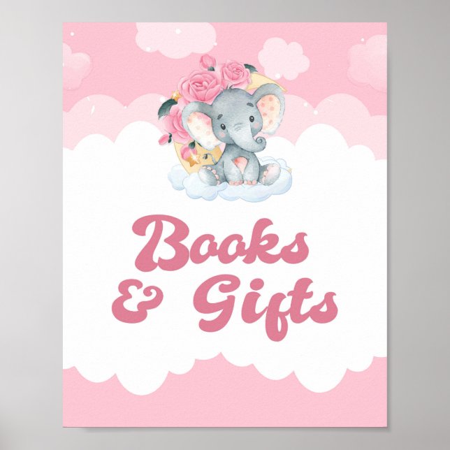 Bokar och Rosa Elephant Girl Baby Shower Sign Sign Poster (Framsidan)