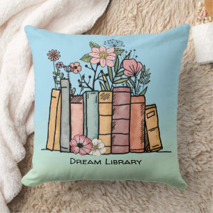 Bokar och vild blommor drömmer om bibliotek blå gr kudde