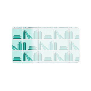 Bokar på hylla. Design i kricka och Aqua. Adressetikett