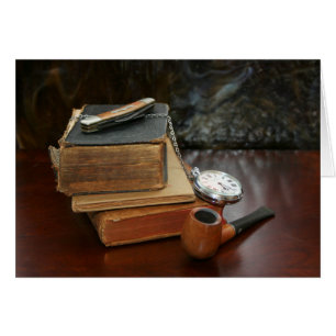 Bokar, Pipe, Pocket Watch och Knivar still Life Hälsningskort