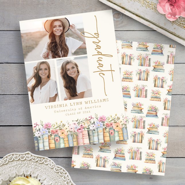 Bokar Studenten Meddelande (Watercolor Floral Books Photos Graduation Announcement by Painted Paperie
)
