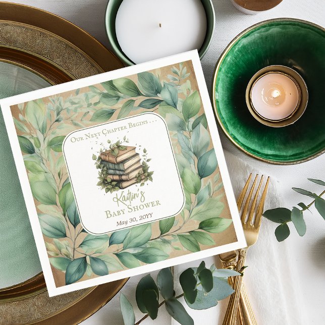 Bokar Vårt nästa kapitel börjar med babyskuva Pappersservett (Rustic Vintage Look Elegance "Our Next Chapter Begins . . ." Books and Leaves Baby Shower Napkins)