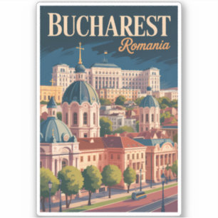Bokarest Panorama Illustration Resa Konst Vintage Klistermärken