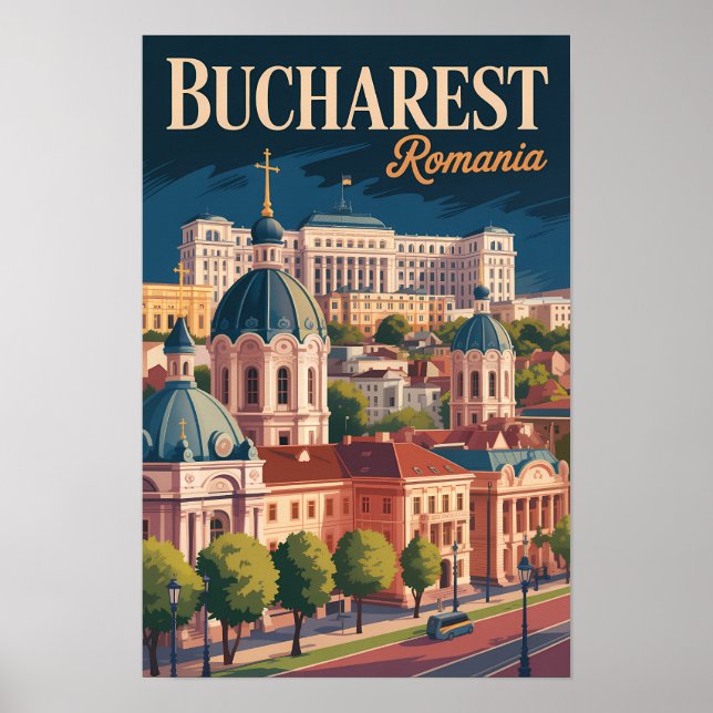 Bokarest Panorama Illustration Resa Konst Vintage Poster (Framsidan)