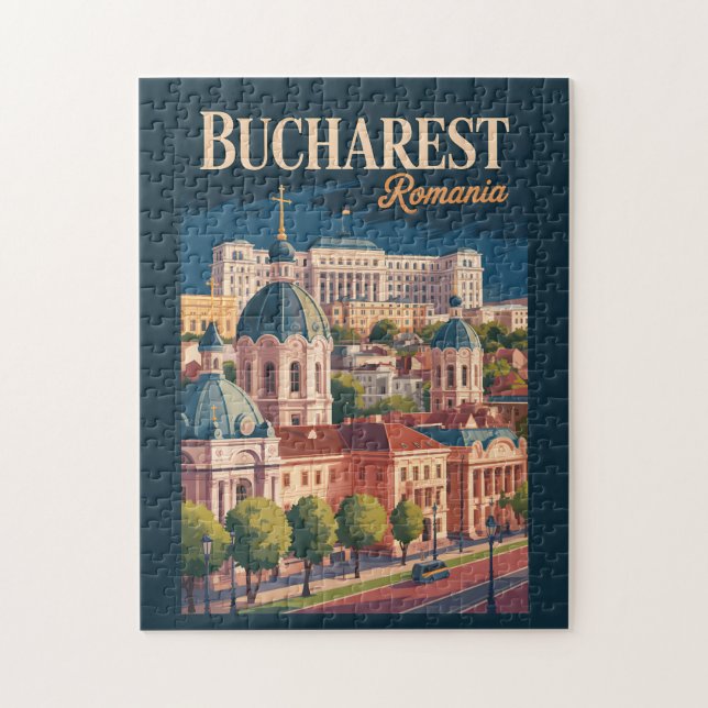 Bokarest Panorama Illustration Resa Konst Vintage Pussel (Vertikal)