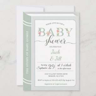 Bokbibliotek Sagegrön Könsneutrala Baby Shower Inbjudningar