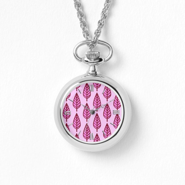 Bokbladsmönster - rosa och vinrött armbandsur (Framsida)