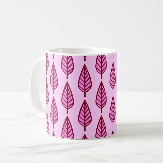 Bokbladsmönster - rosa och vinrött kaffemugg (Framsida vänster)
