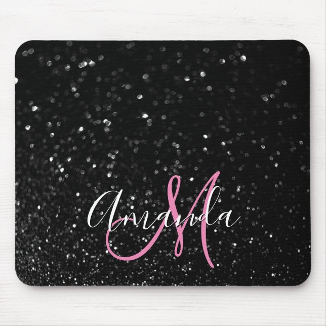 Bokeh Black Glitter Rosa och White Monogram Musmatta (Framsidan)