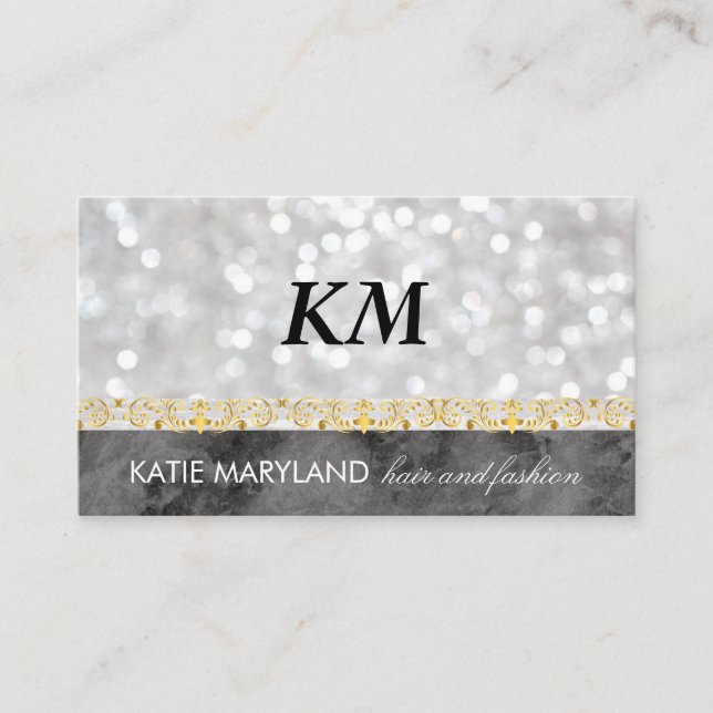 Bokeh Black Marble Guld Blommigt Foil Monogram Visitkort (Framsida)