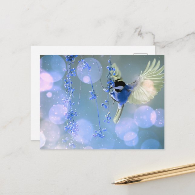 Bokeh Bubbles Flies Hummingbird - Blue Vykort (Fram/Back In Situ)