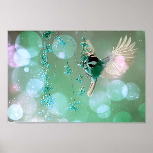 Bokeh Bubbles Flies Hummingbird - Grönt Poster (Framsidan)