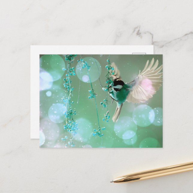 Bokeh Bubbles Flies Hummingbird - Grönt Vykort (Fram/Back In Situ)