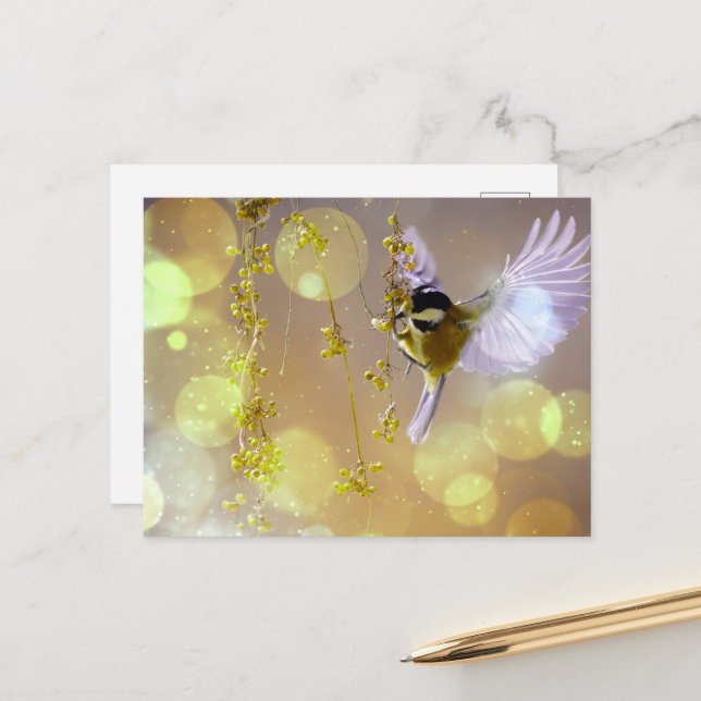 Bokeh Bubbles Flies Hummingbird - Gult Vykort (Fram/Back In Situ)