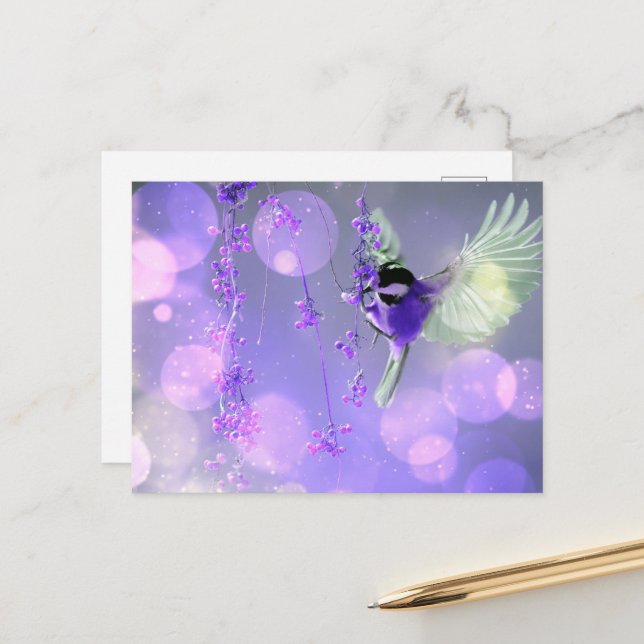 Bokeh Bubbles Flies Hummingbird - Lila Vykort (Fram/Back In Situ)