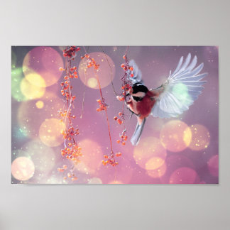 Bokeh Bubbles Flies Hummingbird - Red Poster
