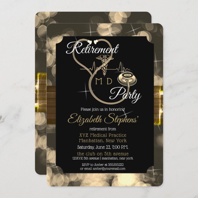 Bokeh Doctor Stetoskop EKG Pensionärsfest Inbjudningar (Fram/baksida)