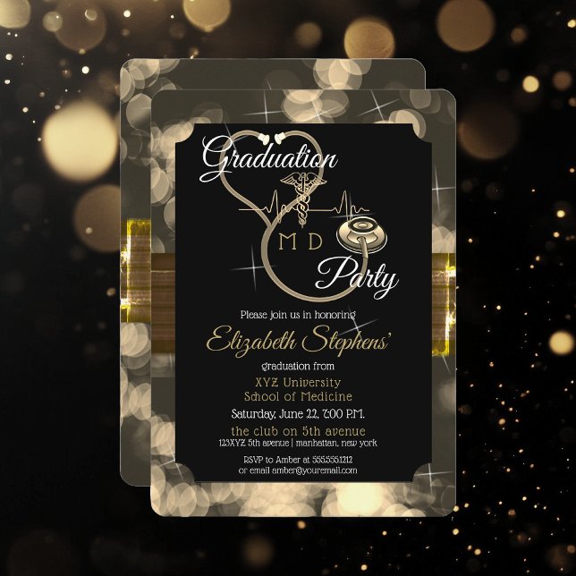 Bokeh Doktor Stethoscope EKG Studentfest Inbjudningar (Bokeh Doctor "MD" Stethoscope EKG Graduation Party Invitation - Print and/or Digital Download)