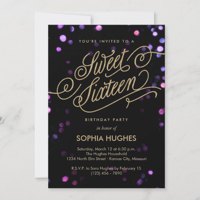 Bokeh Glam Faux Guld Sweet sixteen bjudande in Inbjudningar (Framsida)