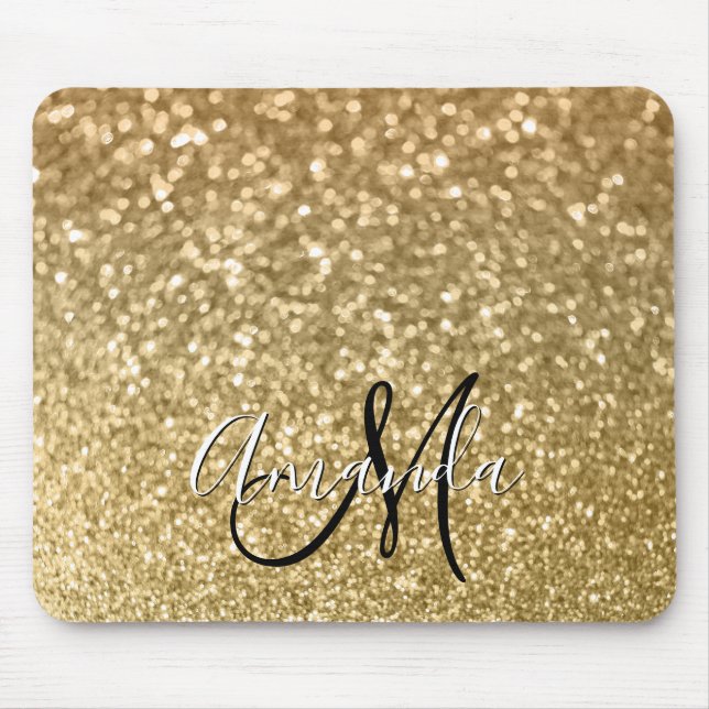 Bokeh Golden Glitter Black och White Monogram Musmatta (Framsidan)