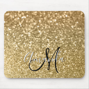 Bokeh Guldglitter Svart och Vitt Monogram Musmatta