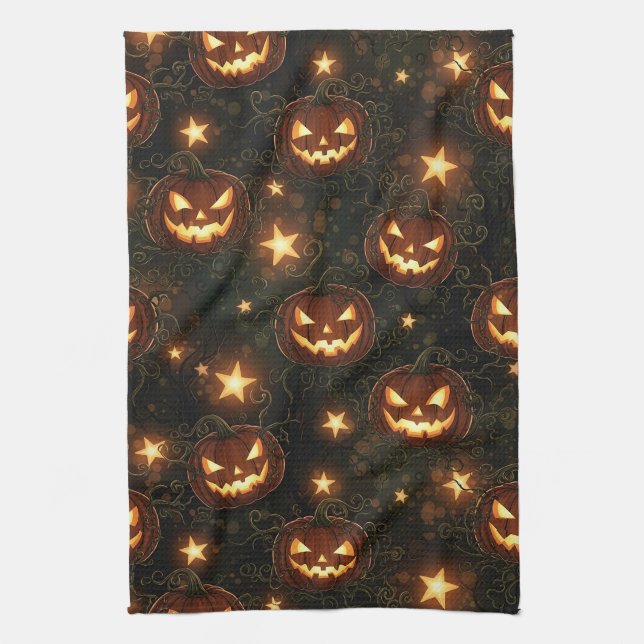 Bokeh Halloween Sömlös | Lysande Jack-O'-Lantern Kökshandduk (Vertikal)