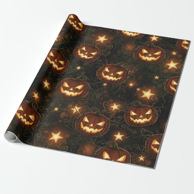 Bokeh Halloween Sömlös | Lysande Jack-O'-Lantern Presentpapper (Utrullad)