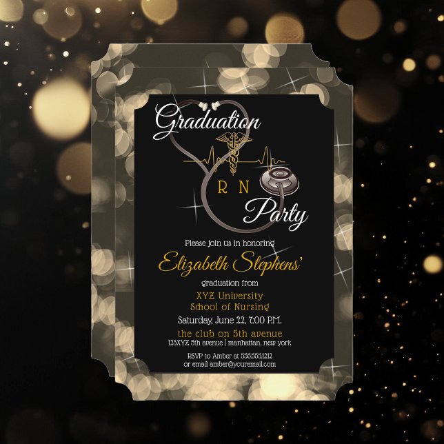 Bokeh Nurse Stethoscope EKG Studentfest Inbjudningar (Bokeh Nurse RN Stethoscope EKG Graduation Announcement and Party Invitation - Print | Download)