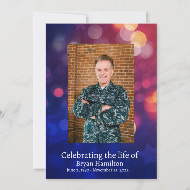 Bokeh Patriotic Veteran Funeral Prayer Card Inbjudningar (Framsida)