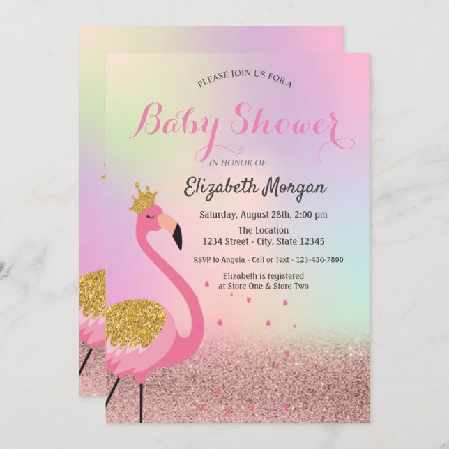 Bokeh,Rosa Flamingo HoloGraph Baby Shower Inbjudningar (Fram/baksida)