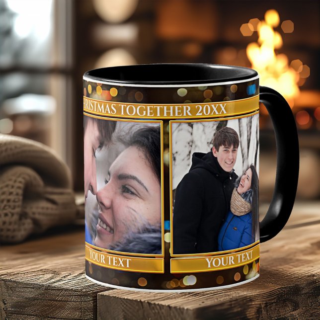 Bokeh Sparkling Ljus 3 Foton jul Mugg (First Christmas together photo mug featuring a gold and sparkling bokeh lights design)