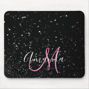 Bokeh Svart Glitter Rosa och Vit Monogram Musmatta