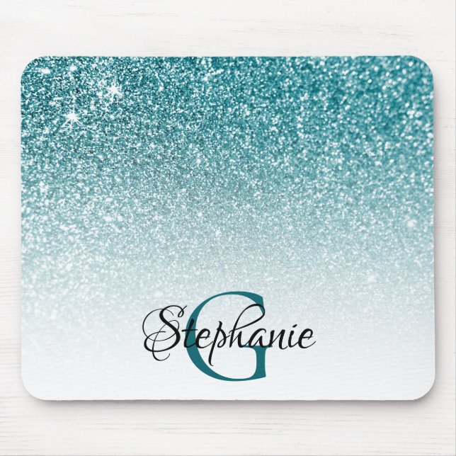 Bokeh Teal Glitter Vit Ombre Monogram Musmatta (Framsidan)