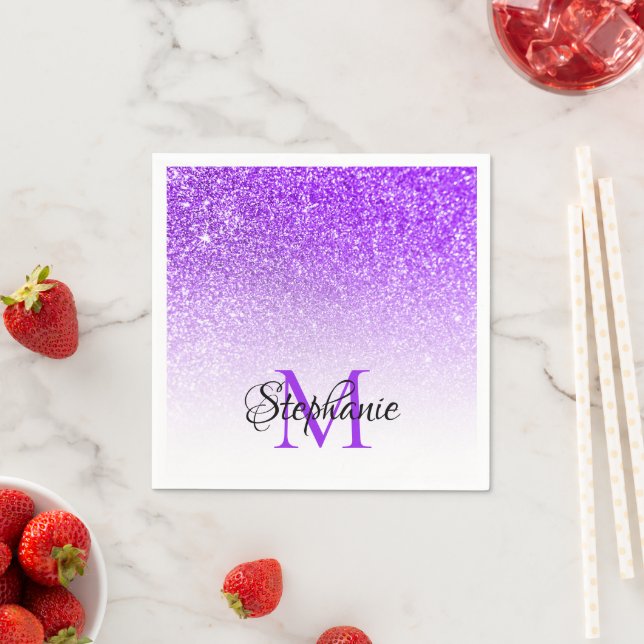 Bokeh Violet Glitter White Ombre Monogram Pappersservett (Insitu)