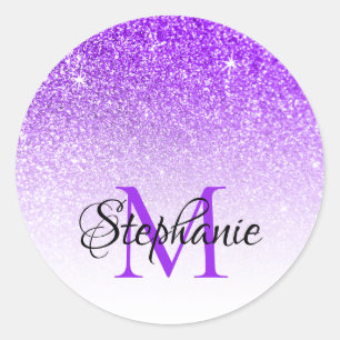 Bokeh Violett Glitter Vitt Ombre Monogram Runt Klistermärke